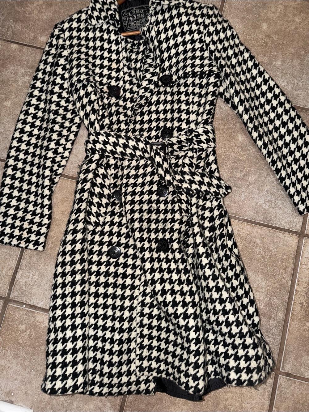 last kiss Black & White Houndstooth Long Sleeve Belted Trench